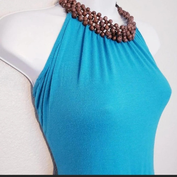 💚5/$25 L8TER  Blue Wood Beaded Halter Neck Long Maxi Slip Dress Medium - Picture 2 of 7